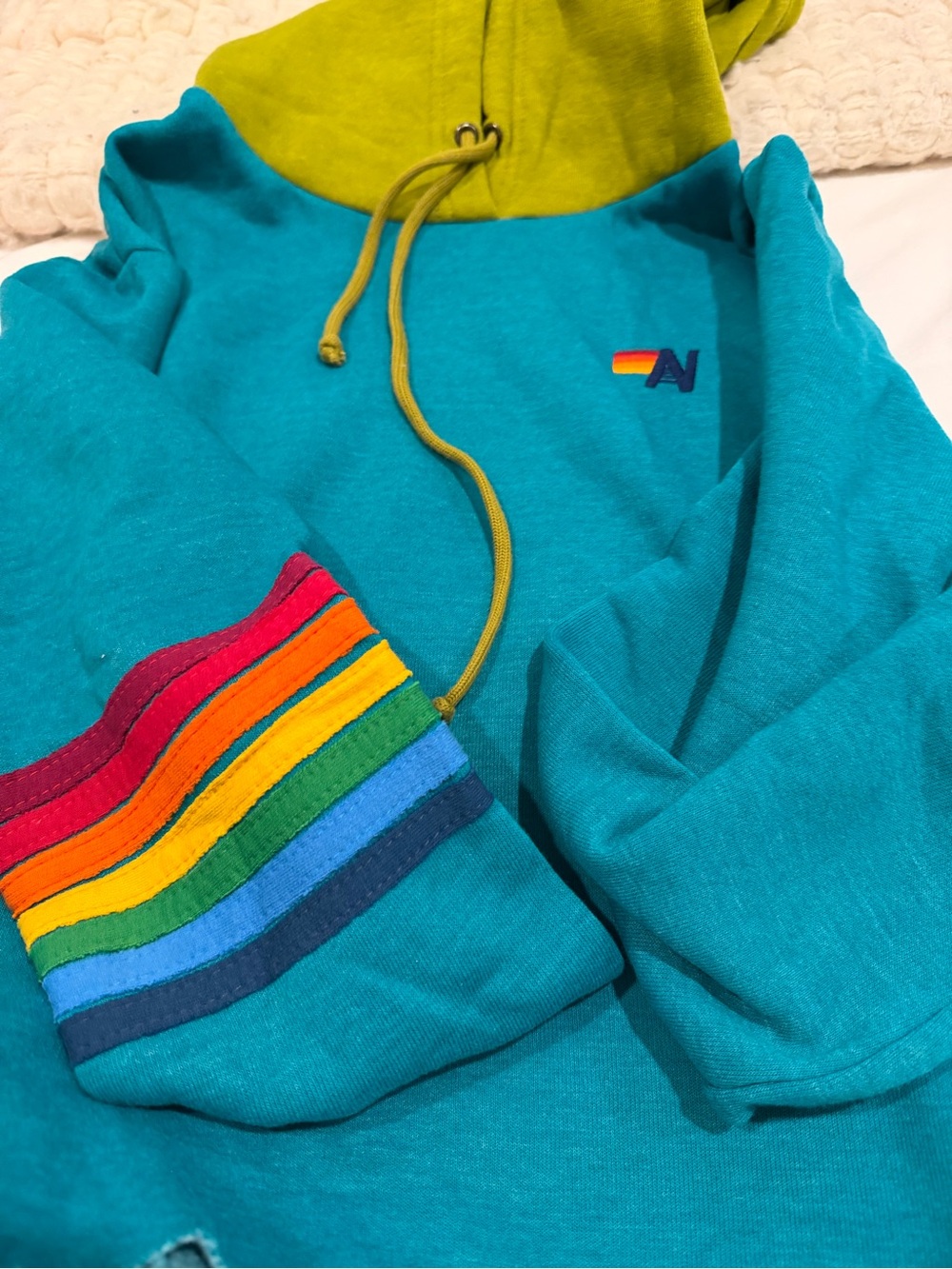 Aviator Nation Teal Hoodie with Lime Hood and Rainbow Sleeve Stripes